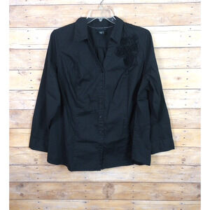 Lane Bryant Women Shirt 26 Black V-Neck Button Down Long Sleeve Plus Size